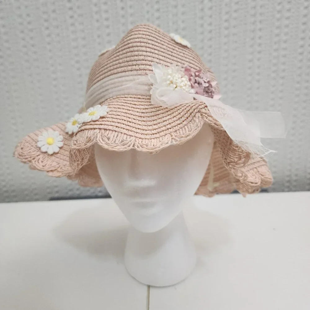 Vintage Blush Straw Sun Hat Floral Appliqué Ribbon Cottagecore Light Pink - Picture 3 of 9